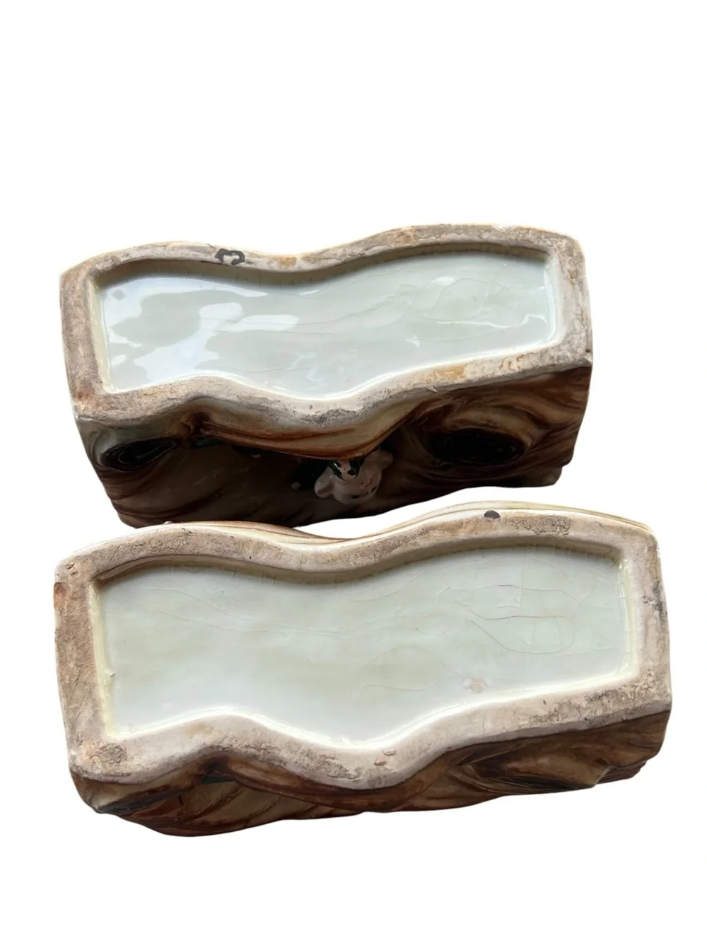 Vintage MCM Ceramic Elf Pixie Log Planters Pair Faux Bois Woodland Kitsch